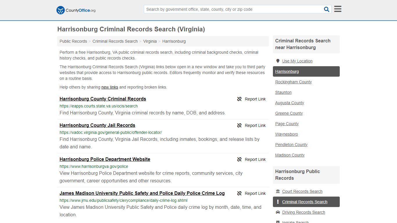 Harrisonburg Criminal Records Search (Virginia) - County Office