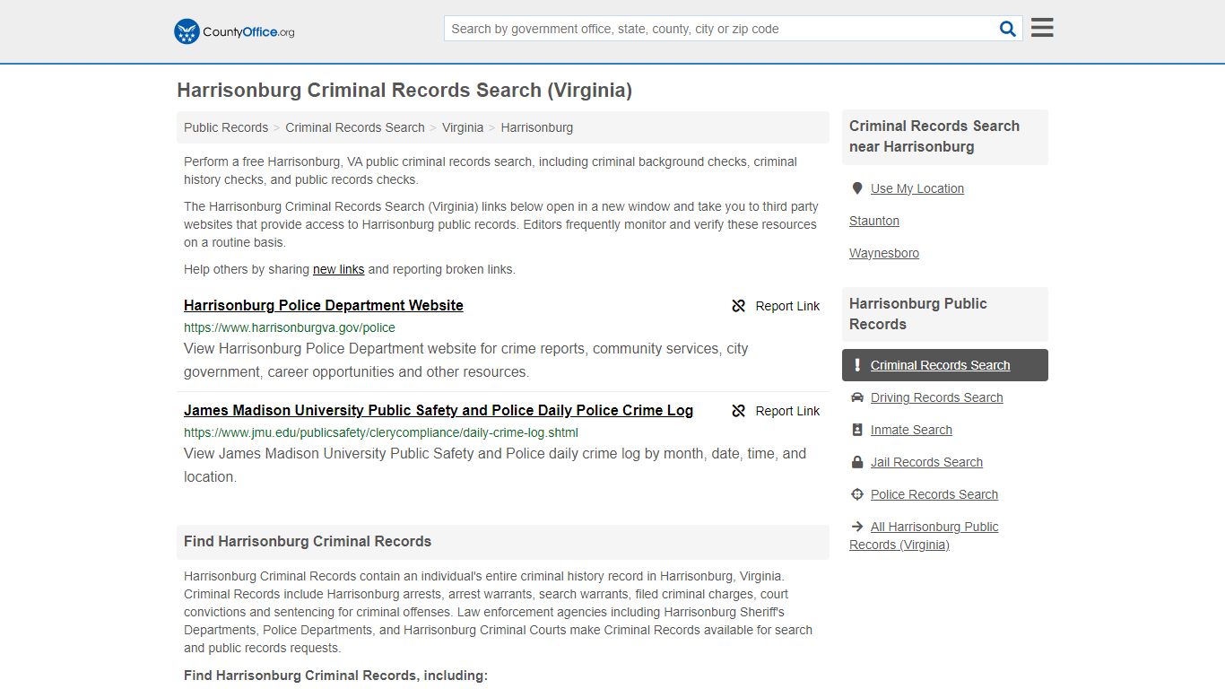 Harrisonburg Criminal Records Search (Virginia) - County Office